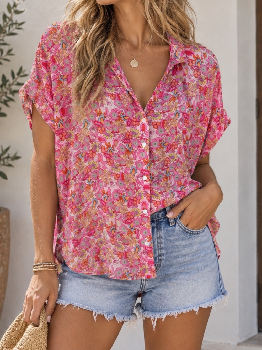 Lucky Brand Pink Floral Short-Sleeve Button-Down Top